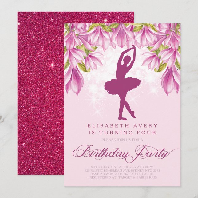 Invitación Cumpleaños de Ballerina Pink (Anverso / Reverso)