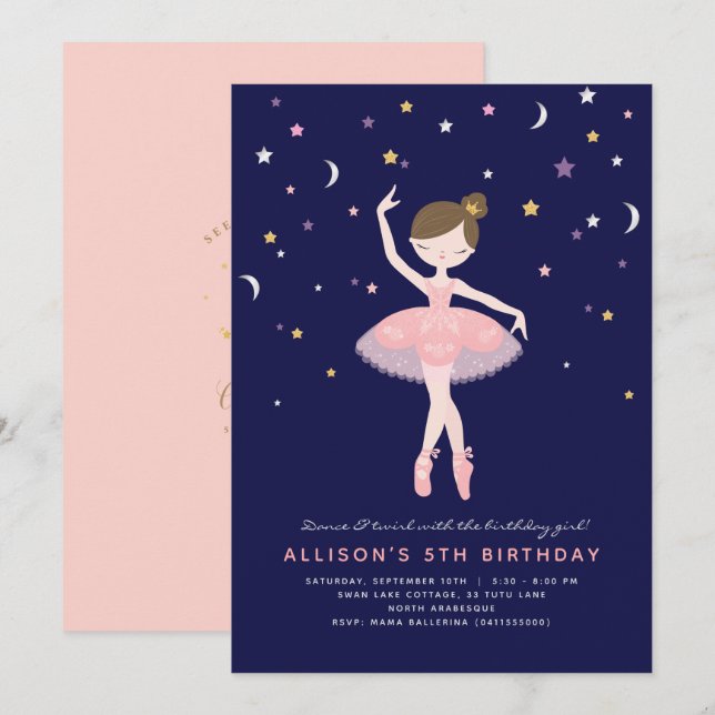 Invitación Cumpleaños de Ballerina Rosada y Marina (Anverso / Reverso)
