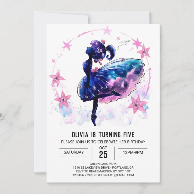 Invitación Cumpleaños de Ballerina Whimsical Imprimible (Anverso)