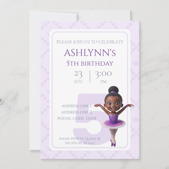 Invitación Cumpleaños de Ballet Bailarina Morada Personalizad (Anverso)