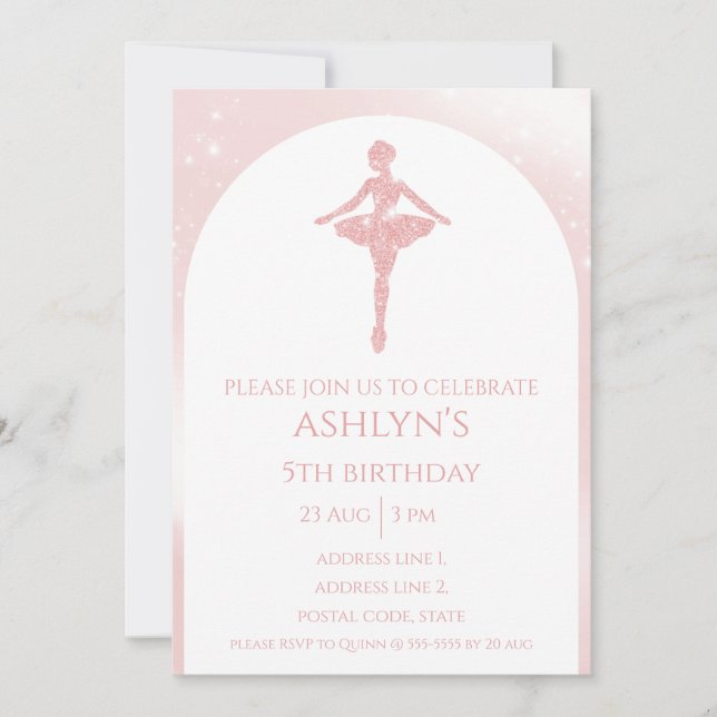 Invitación Cumpleaños de ballet personalizado con brillo rosa (Anverso)