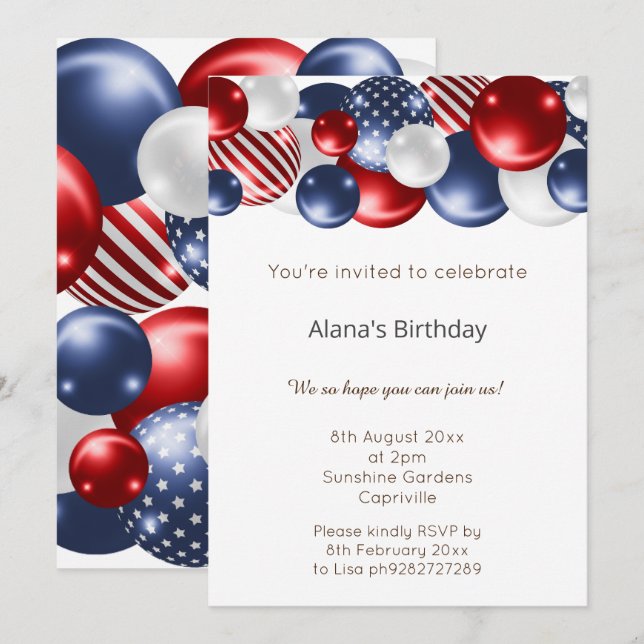 INVITACIÓN CUMPLEAÑOS DE BALLÓN PATRIÓTICO ROJO AZUL BLANCO (Anverso / Reverso)