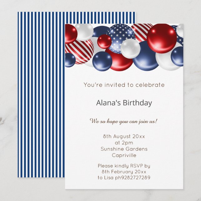 INVITACIÓN CUMPLEAÑOS DE BALLÓN ROJO AZUL BLANCO PATRIOTA (Anverso / Reverso)