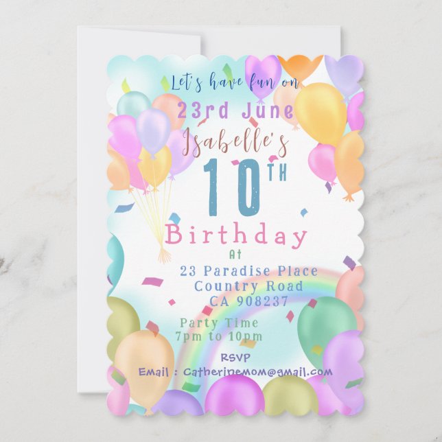 Invitación Cumpleaños de Balloon Pastel (Anverso)