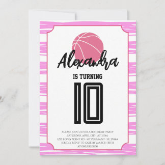 Invitación Cumpleaños de Baloncesto de Rayas Rosadas
