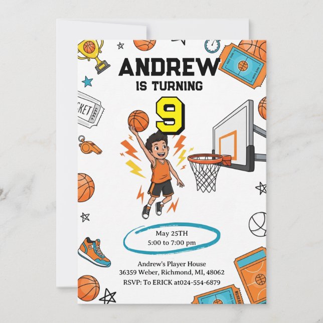 Invitación Cumpleaños de Baloncesto Deportivo Personalizado (Anverso)