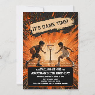 Invitación Cumpleaños de Baloncesto Grunge Naranja Negro Hora