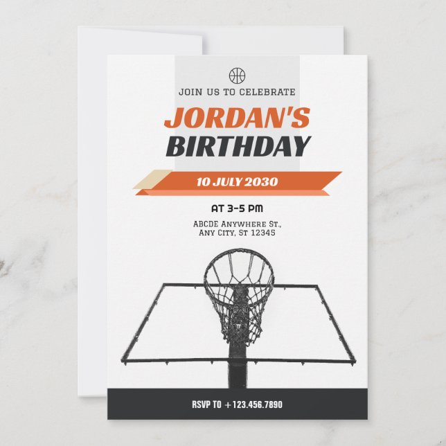 Invitación Cumpleaños de baloncesto Minimalista moderno (Anverso)