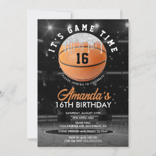 Invitación Cumpleaños de Baloncesto Naranja y Plata