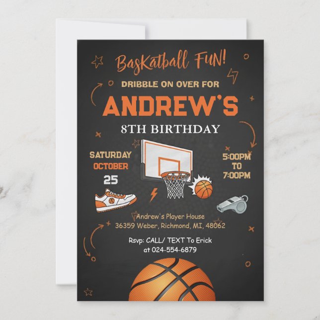 Invitación Cumpleaños de baloncesto para niños personalizado (Anverso)