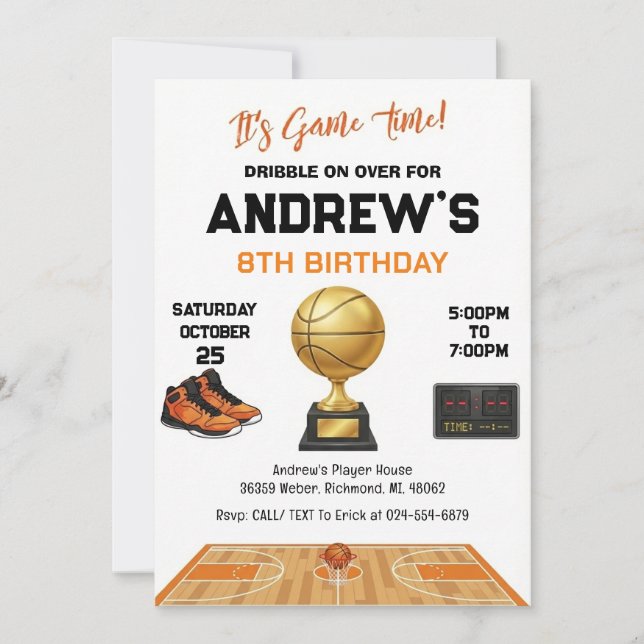 Invitación Cumpleaños de baloncesto personalizado para niño (Anverso)