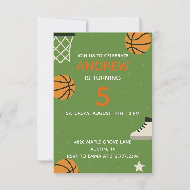 Invitación Cumpleaños de Baloncesto Verde • Fiesta de Deporte (Anverso)