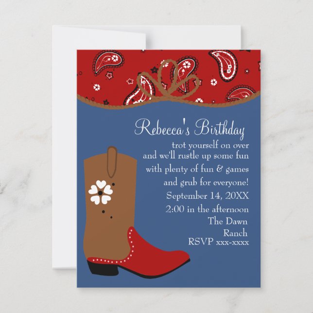 Invitación Cumpleaños de Bandana y Lasso Cowgirl (Anverso)