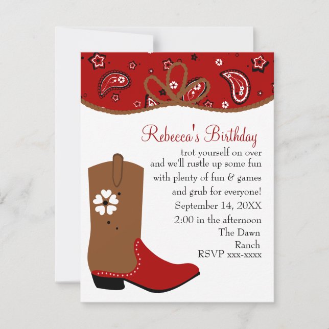 Invitación Cumpleaños de Bandana y Lasso Cowgirl (Anverso)