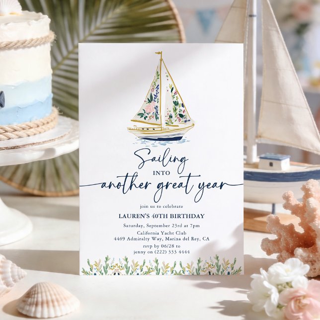 Invitación Cumpleaños de barco de vela floral náutico (Subido por el creador)