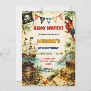 Invitación Cumpleaños de Barco Pirata de Niños con Acuarela