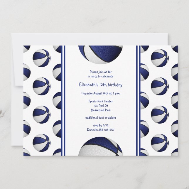 Invitación cumpleaños de básquetbol blanco azul o fiesta de e (Anverso)
