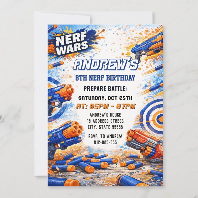Invitación Cumpleaños de batalla de dardos Nerf para niños pe (Anverso)