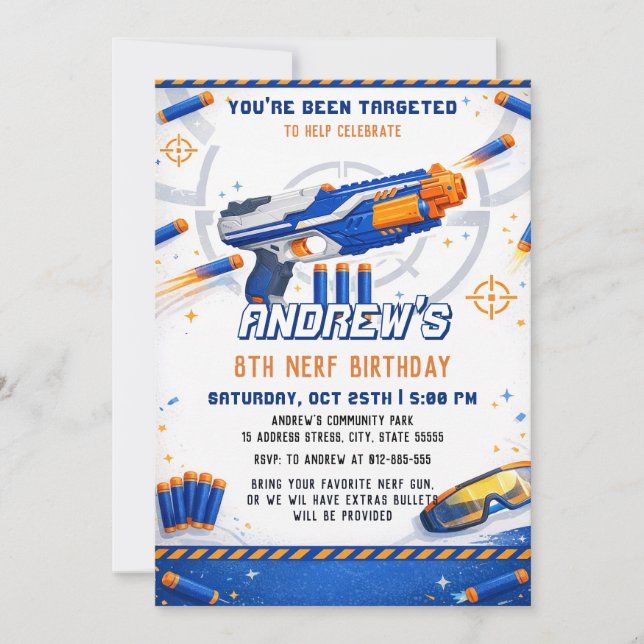 Invitación Cumpleaños de batalla personalizado con lanzadardo (Anverso)