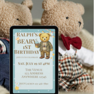 Invitación Cumpleaños de Beary azul marrón elegante oso