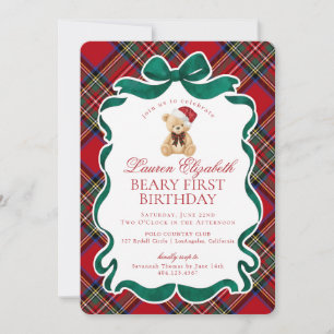 Invitación Cumpleaños de Beary Rojo Tartán Cuadros Navidad