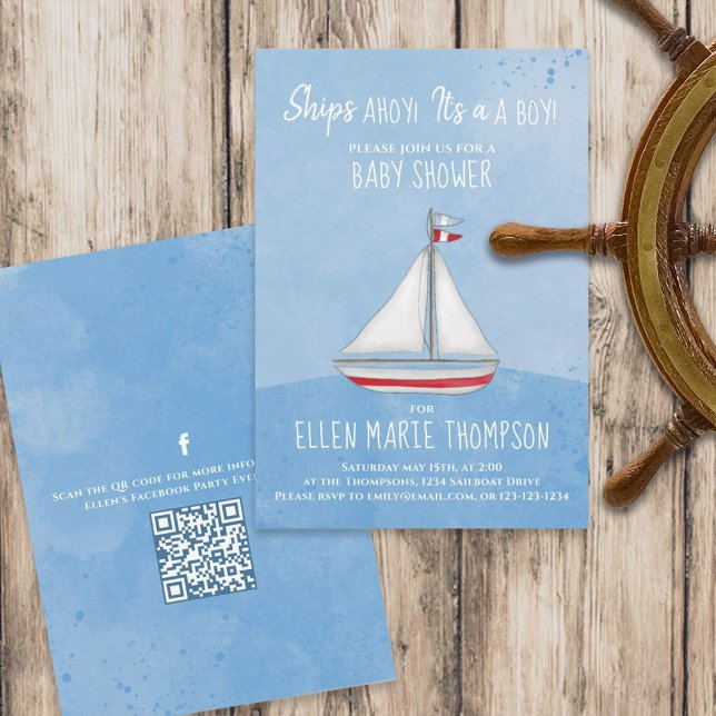 Invitación Cumpleaños de Bebé Barco de Vela QR Código Redes S (Subido por el creador)