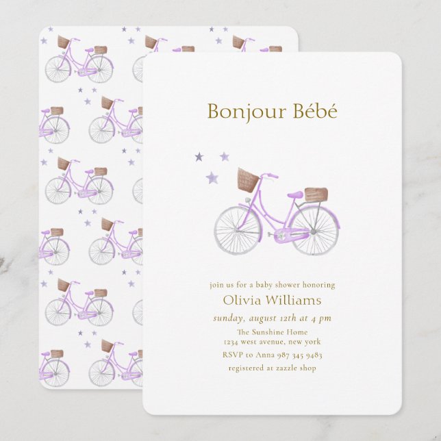 Invitación Cumpleaños de Bebe Bicicleta Estrella Morada Bonjo (Anverso / Reverso)