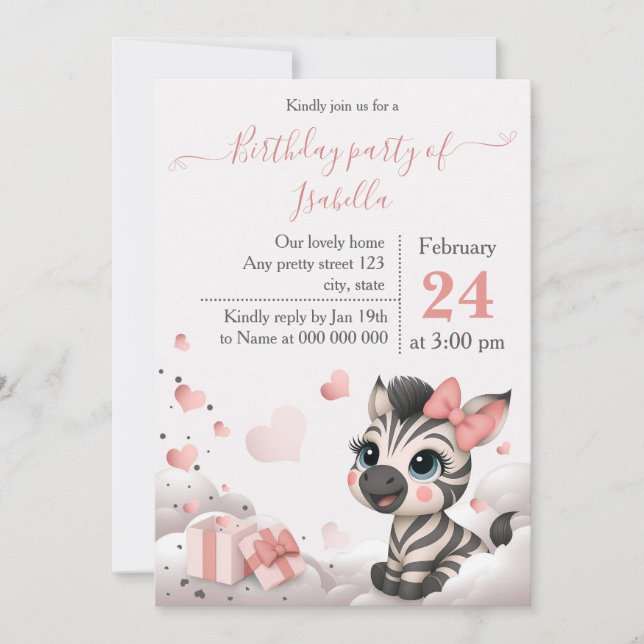 Invitación Cumpleaños de bebé cebra adorable (Anverso)