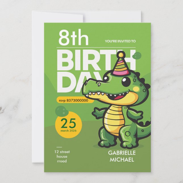 Invitación Cumpleaños de bebé cocodrilo tema de caimán lindo (Anverso)