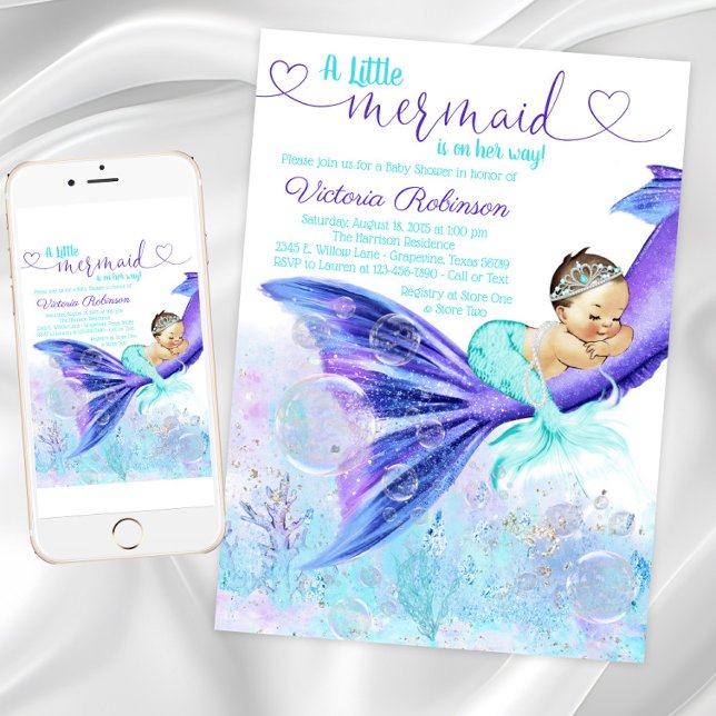 Invitación Cumpleaños de bebé cola de sirena morena Sirena (Pretty mermaid baby shower invitation. Instant download and printed invitations available.)