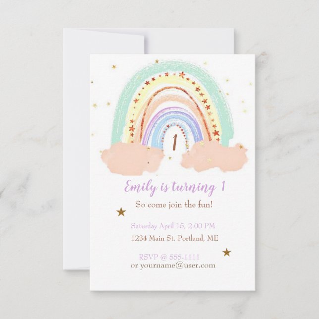 Invitación Cumpleaños de bebé con arcoíris y estrellas person (Anverso)