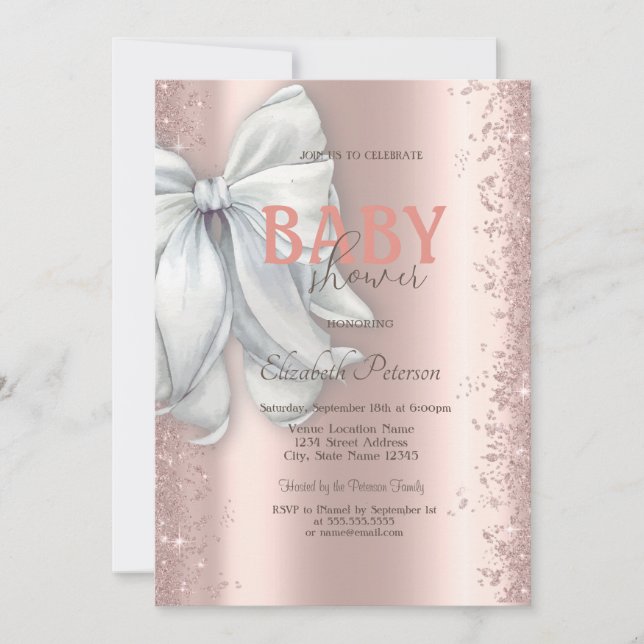 Invitación Cumpleaños de Bebé con Confeti Brillo Rosa Oro y L (Anverso)