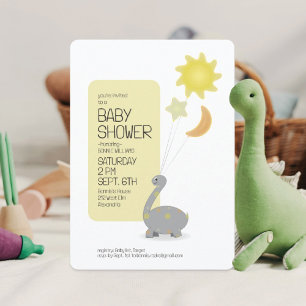 Invitación Cumpleaños de Bebé con Dino Gris y Globos de Mylar