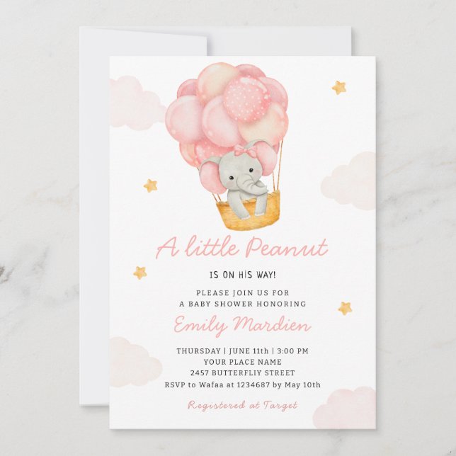 Invitación Cumpleaños de bebé con globos de niña elefante mod (Anverso)