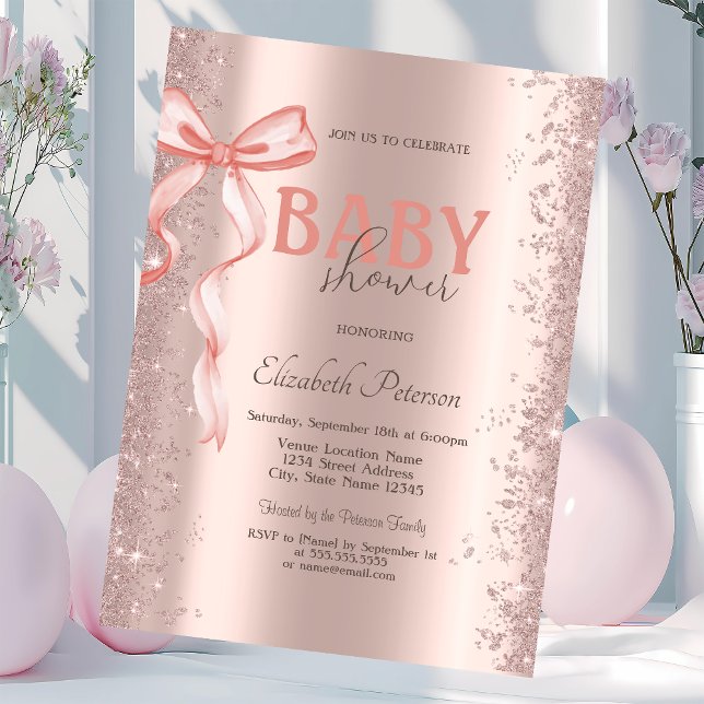 Invitación Cumpleaños de Bebe con Lazo Rosa y Confeti Brillan (Subido por el creador)