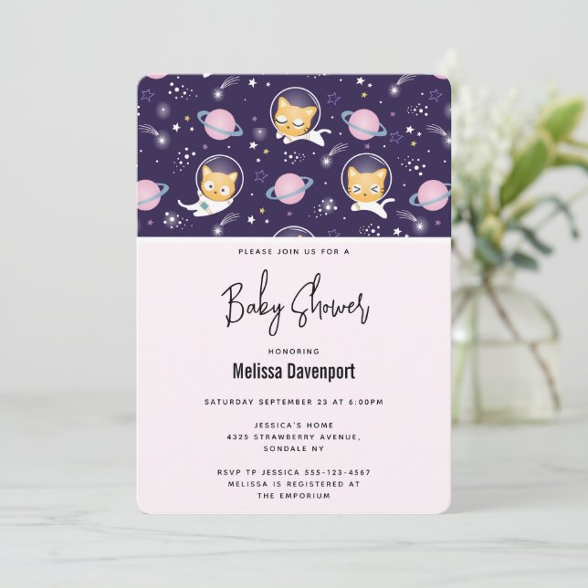 Invitación Cumpleaños de Bebé con Patrón de Astronautas Gatit (Anverso de pie)