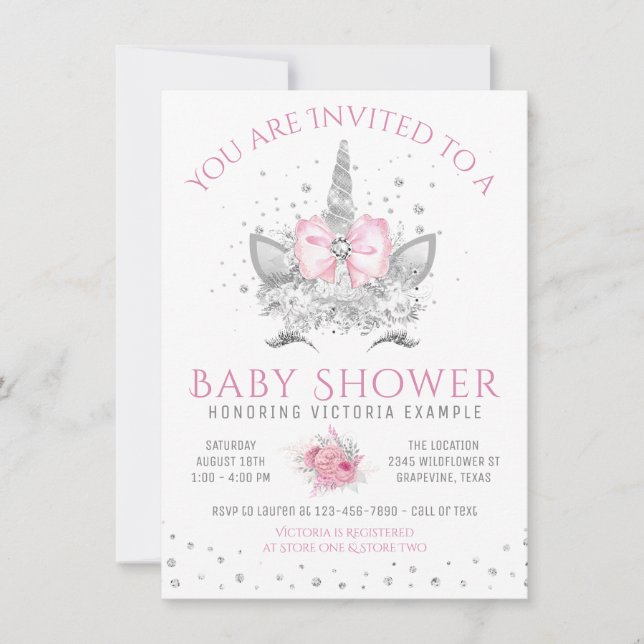 Invitación Cumpleaños de bebé de Unicornio de Diamante Rosa y (Anverso)