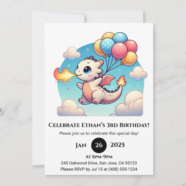 Invitación Cumpleaños de Bebé Dragón Volador con Globos (Anverso)