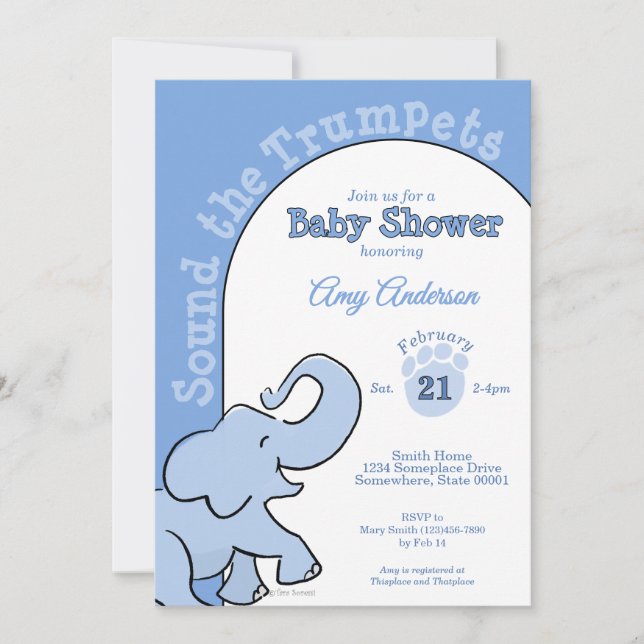 Invitación Cumpleaños de Bebé Elefante Adorable Azul (Anverso)