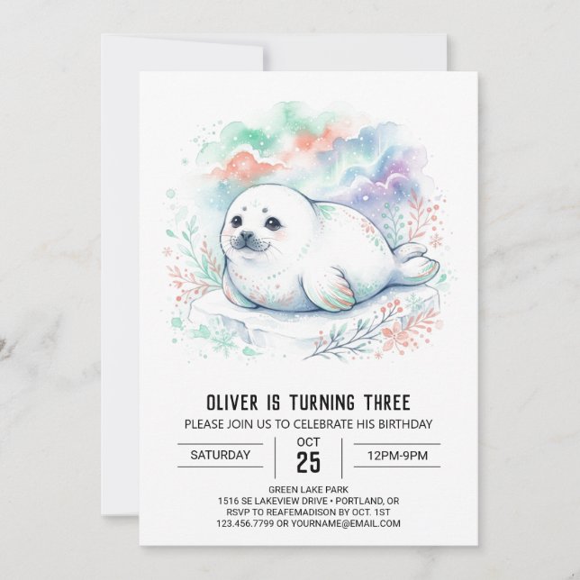 Invitación Cumpleaños de bebé foca suave (Anverso)