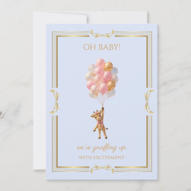 Invitación Cumpleaños de bebé globos jirafa rosa personalizad (Anverso)