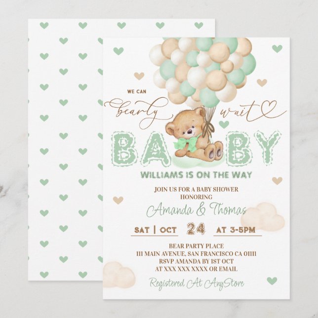 Invitación Cumpleaños de bebé neutral con globos verdes de os (Anverso / Reverso)