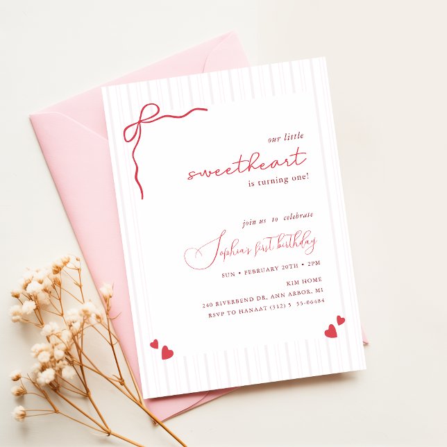 Invitación Cumpleaños de Bebé Niña Corazón Dulce Lazo Rosa (Subido por el creador)
