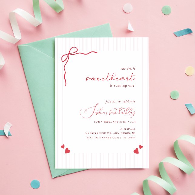 Invitación Cumpleaños de Bebé Niña Corazón Dulce Lazo Rosa (Subido por el creador)