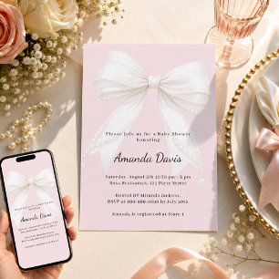 Invitación Cumpleaños de bebé niña rosa marfil con lazo