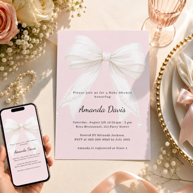 Invitación Cumpleaños de bebé niña rosa marfil con lazo (Subido por el creador)