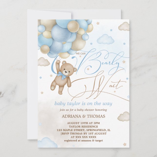 Invitación Cumpleaños de bebé niño con osito y globos azules (Anverso)