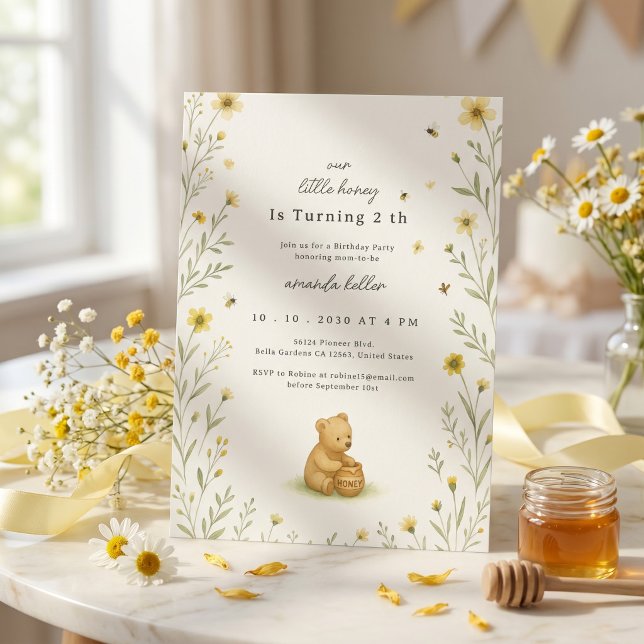 Invitación Cumpleaños de Bebé Oso de Miel Floral (Subido por el creador)