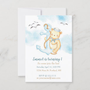 Invitación Cumpleaños de bebé personalizado con oso marinero 