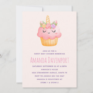 Invitación Cumpleaños de Bebé Unicornio de Cupcake Rosa con R